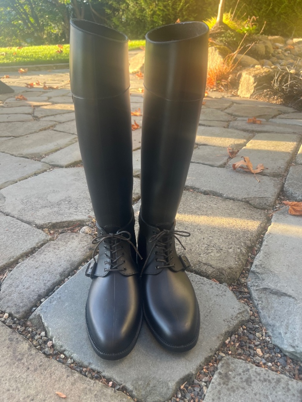 GIVENCHY Black Tall Rubber Riding Rain Boots Lace-Up Ankle Strap EU 39